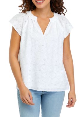 Crown & Ivy Women's Petite Flutter Sleeve Eyelet Top -  180453572725SPW000069