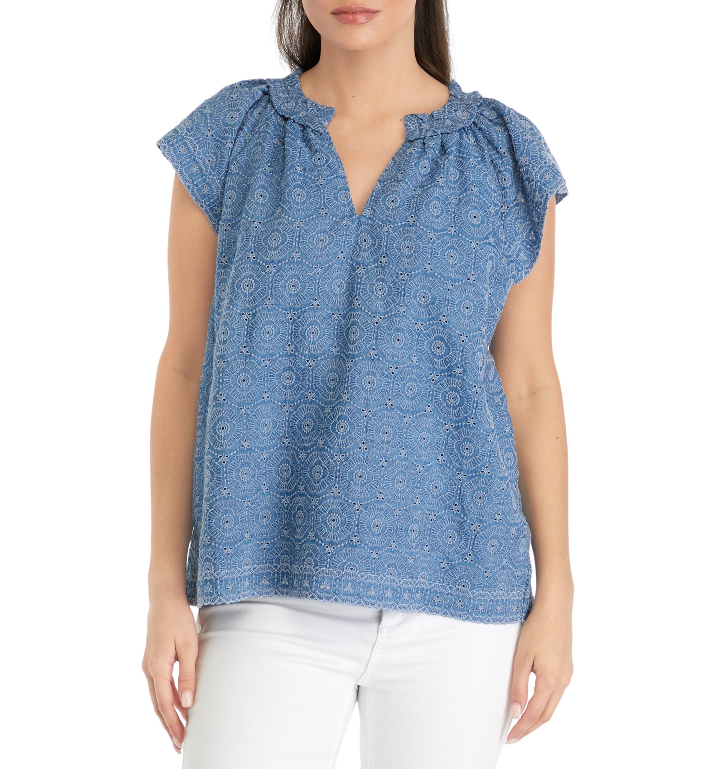 Petite Short Flutter Sleeve Eyelet Top