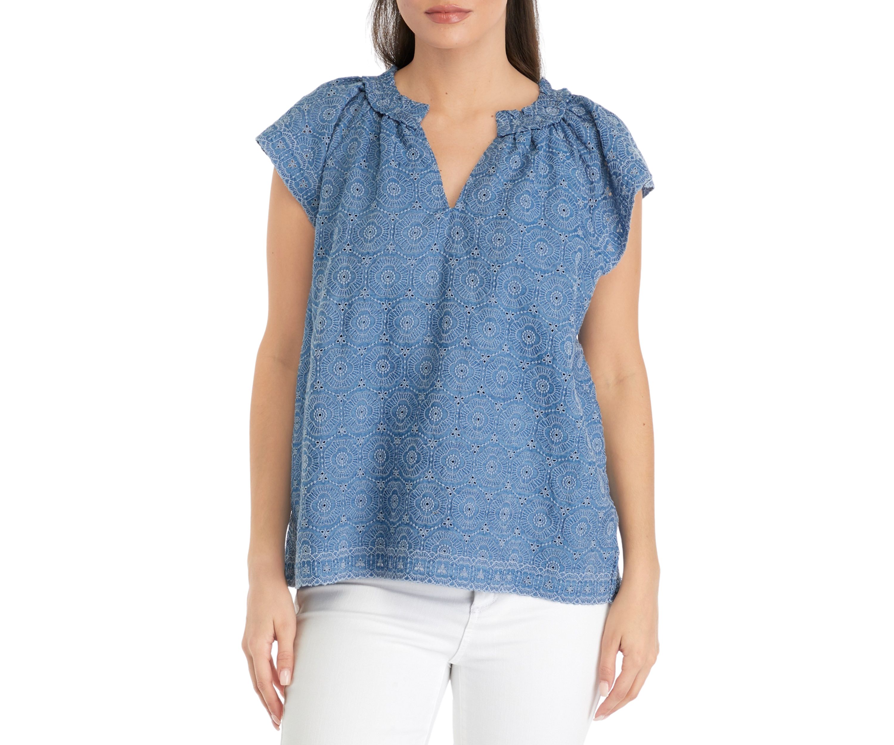 Petite Short Flutter Sleeve Eyelet Top