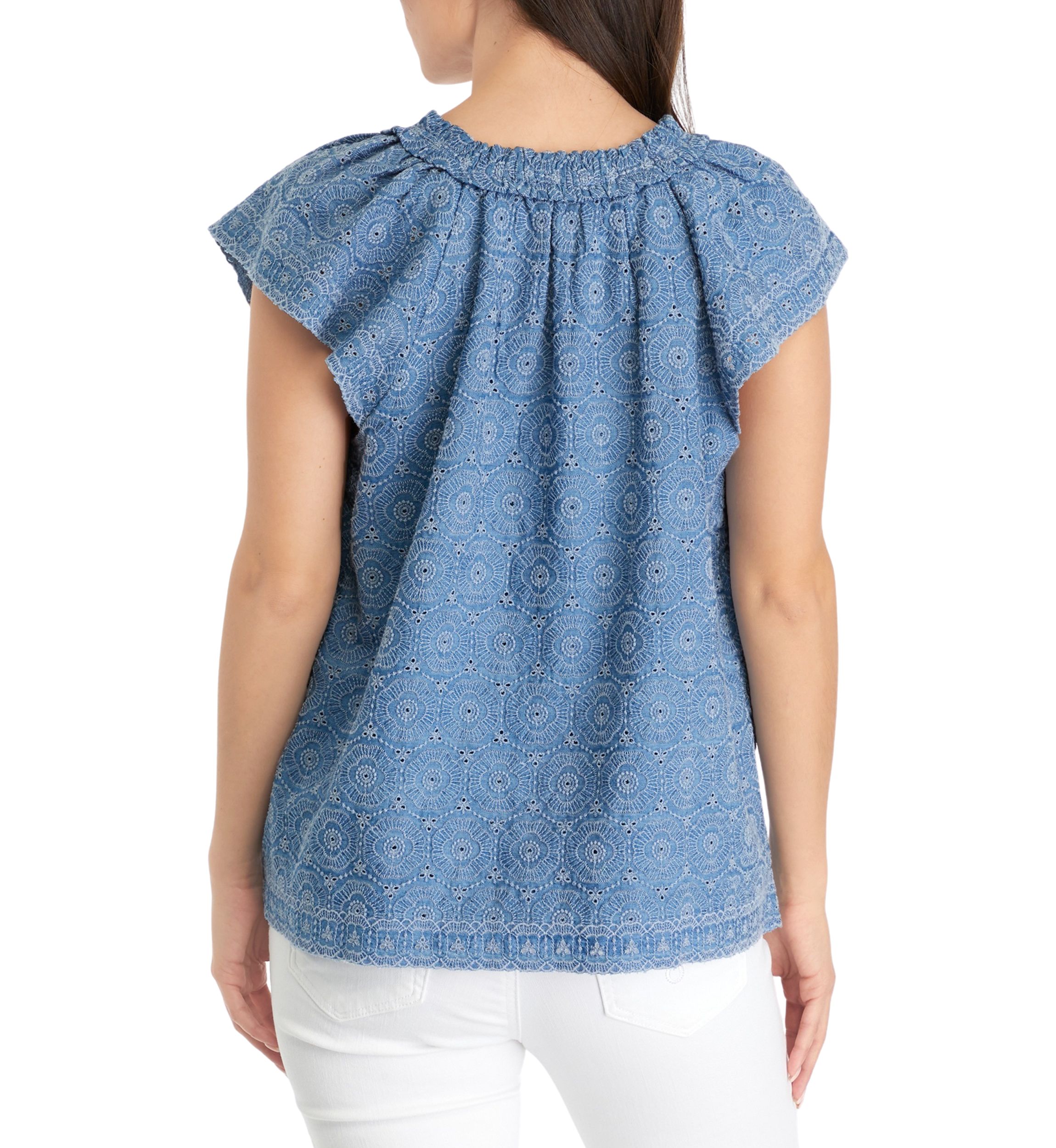 Petite Short Flutter Sleeve Eyelet Top