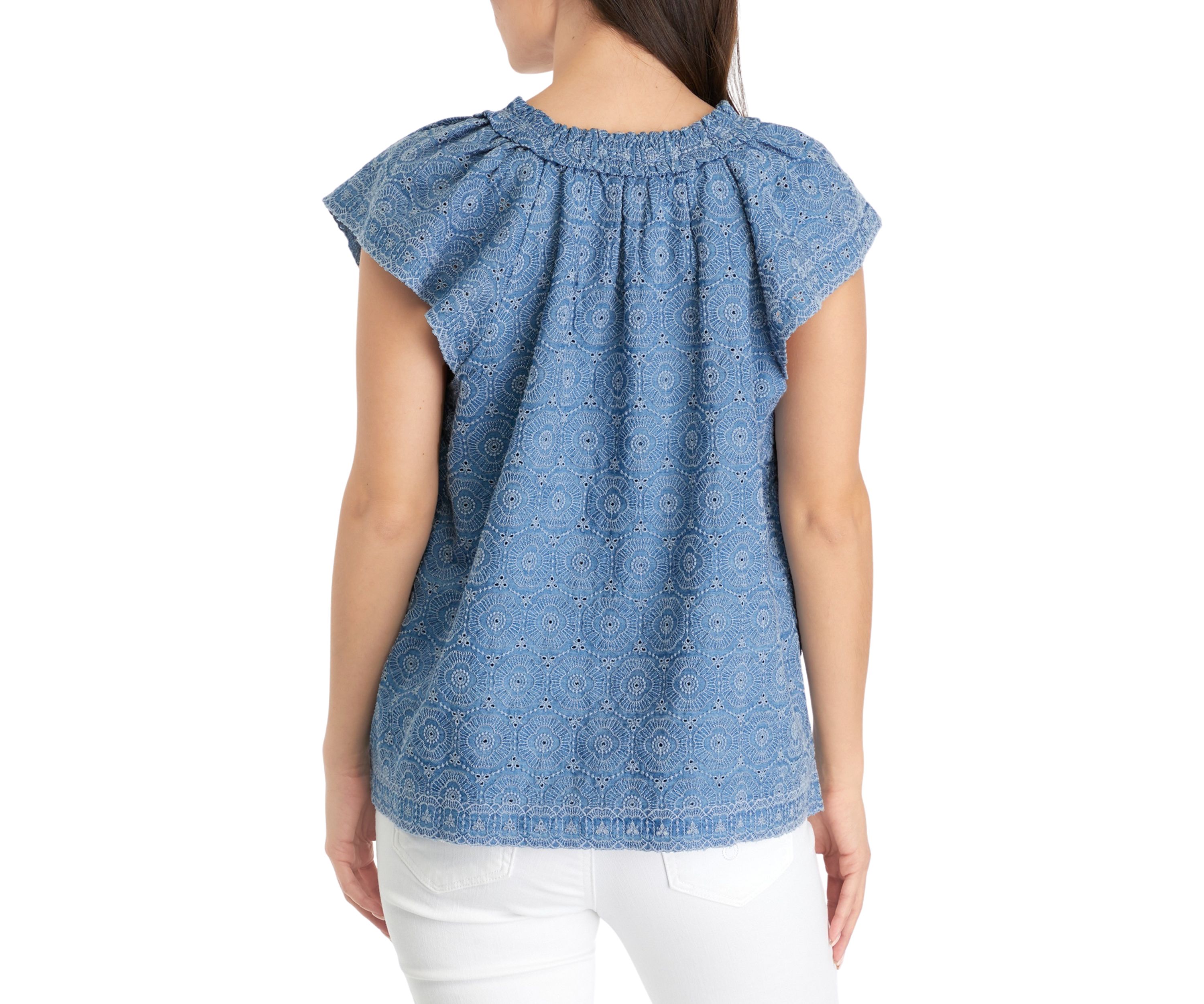 Petite Short Flutter Sleeve Eyelet Top