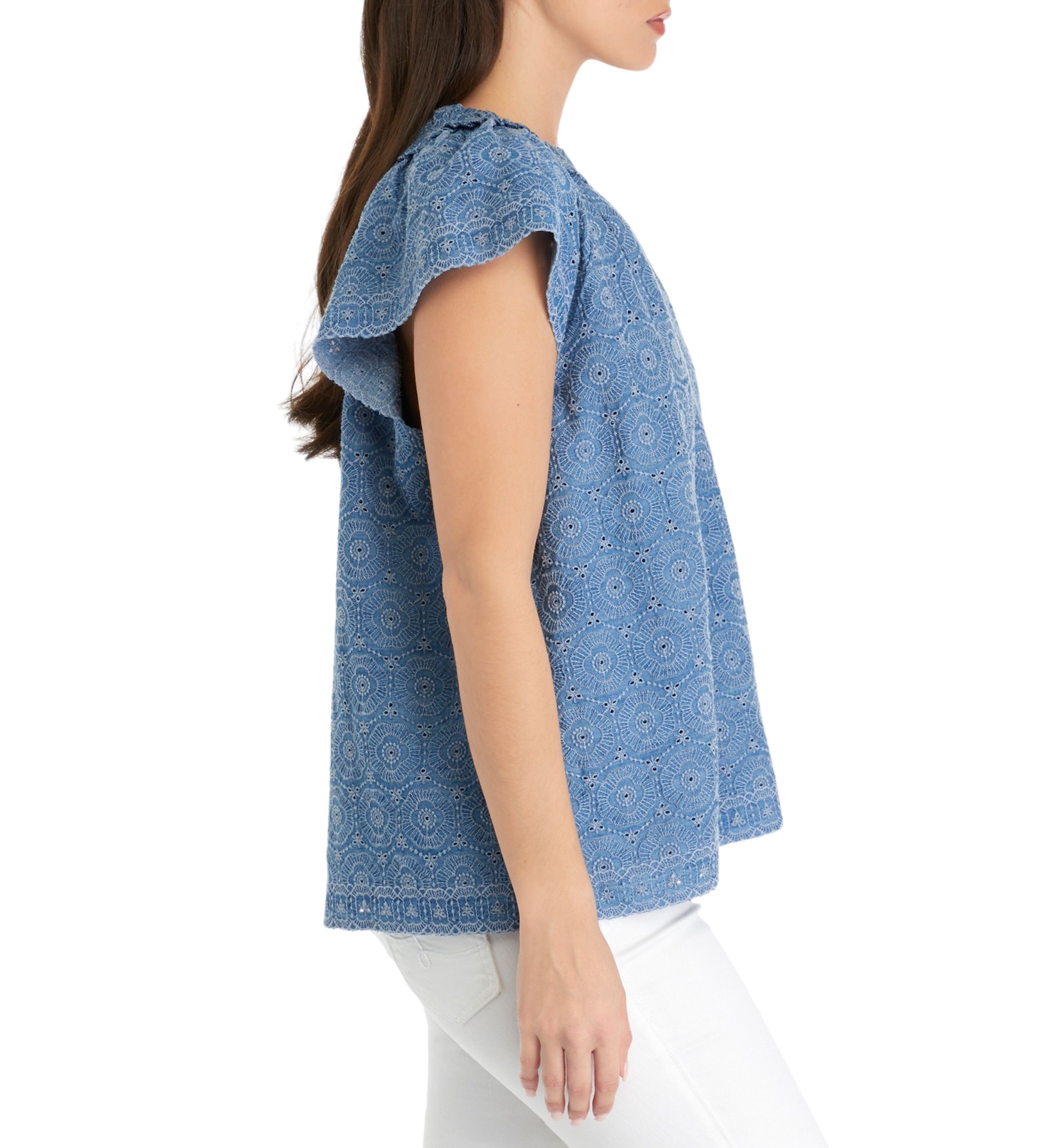 Petite Short Flutter Sleeve Eyelet Top