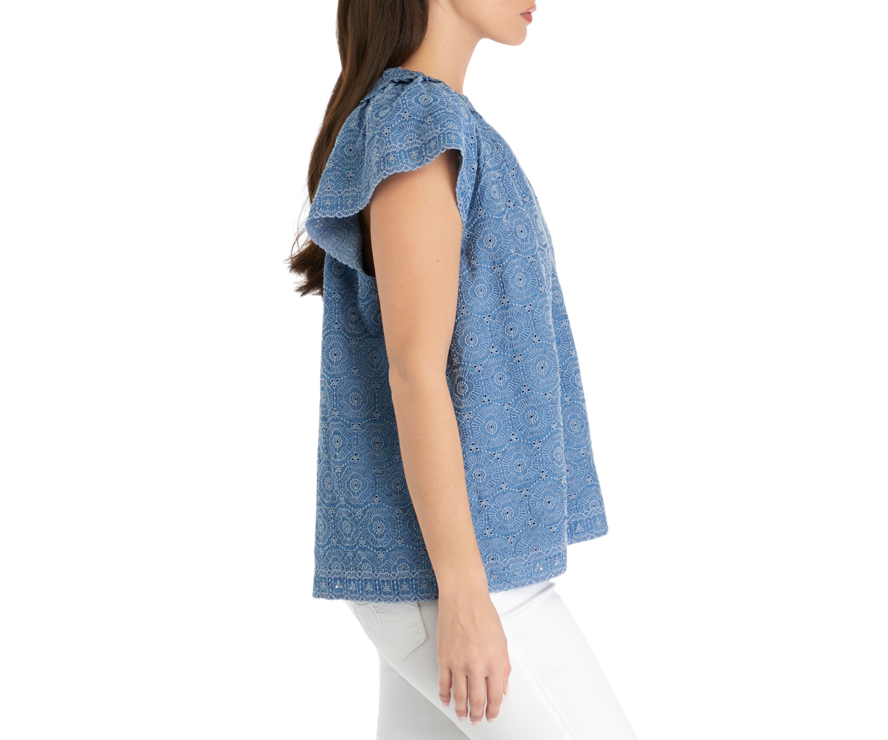 Petite Short Flutter Sleeve Eyelet Top