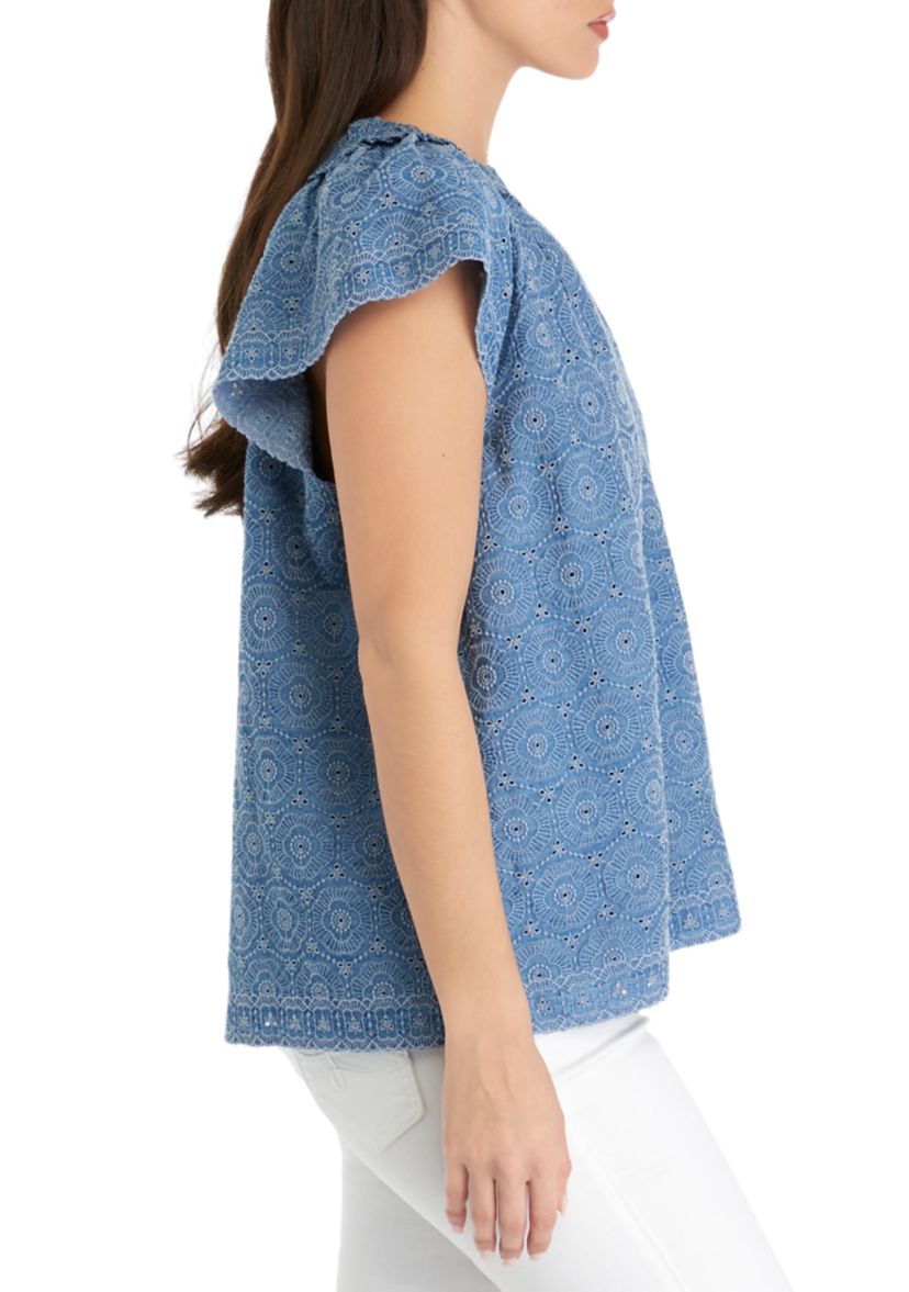 Petite Short Flutter Sleeve Eyelet Top