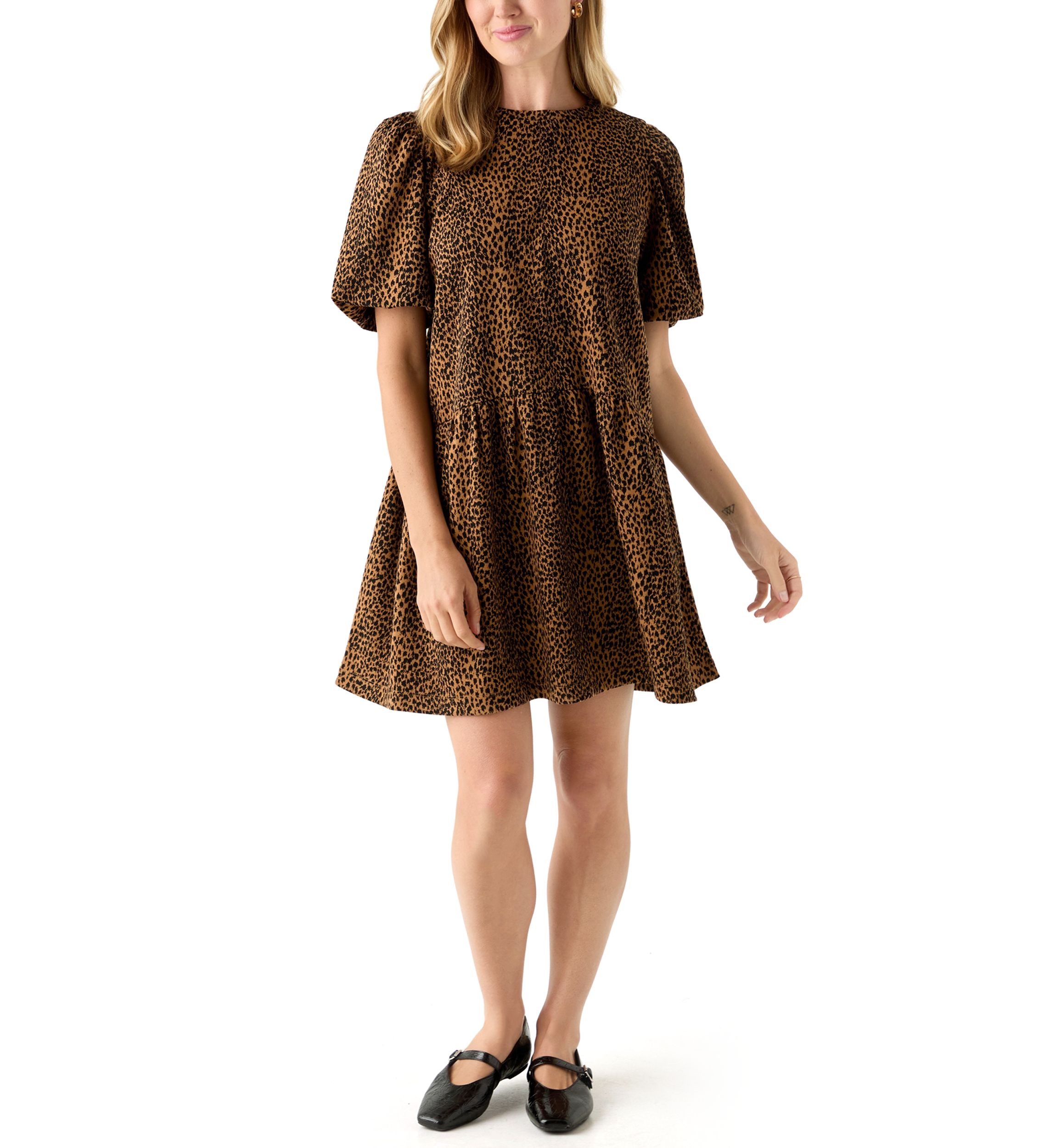 Petite Balloon Sleeve Printed Jacquard Dress