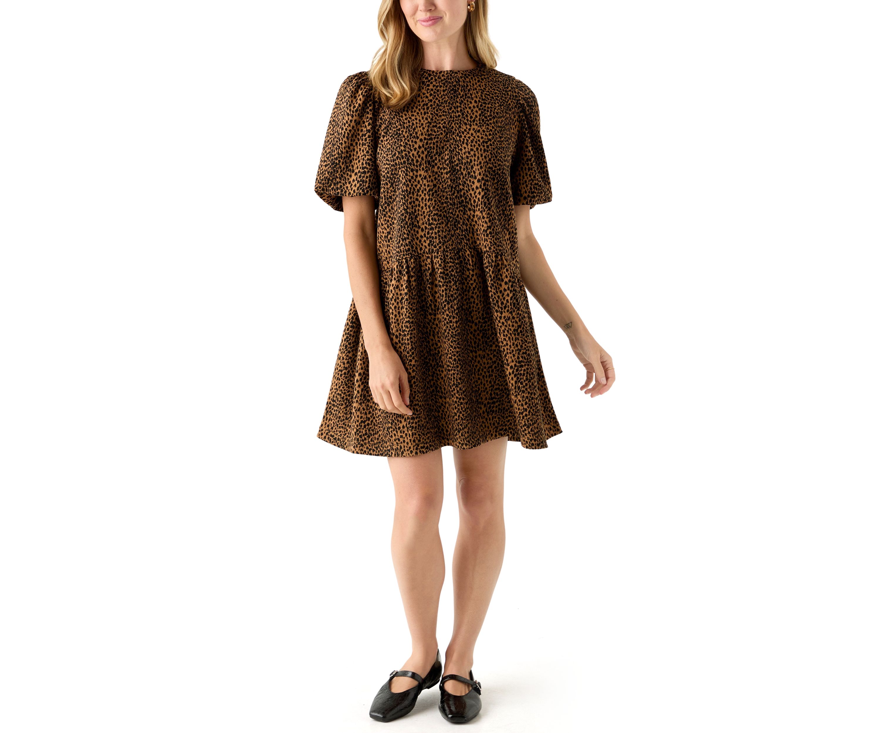 Petite Balloon Sleeve Printed Jacquard Dress