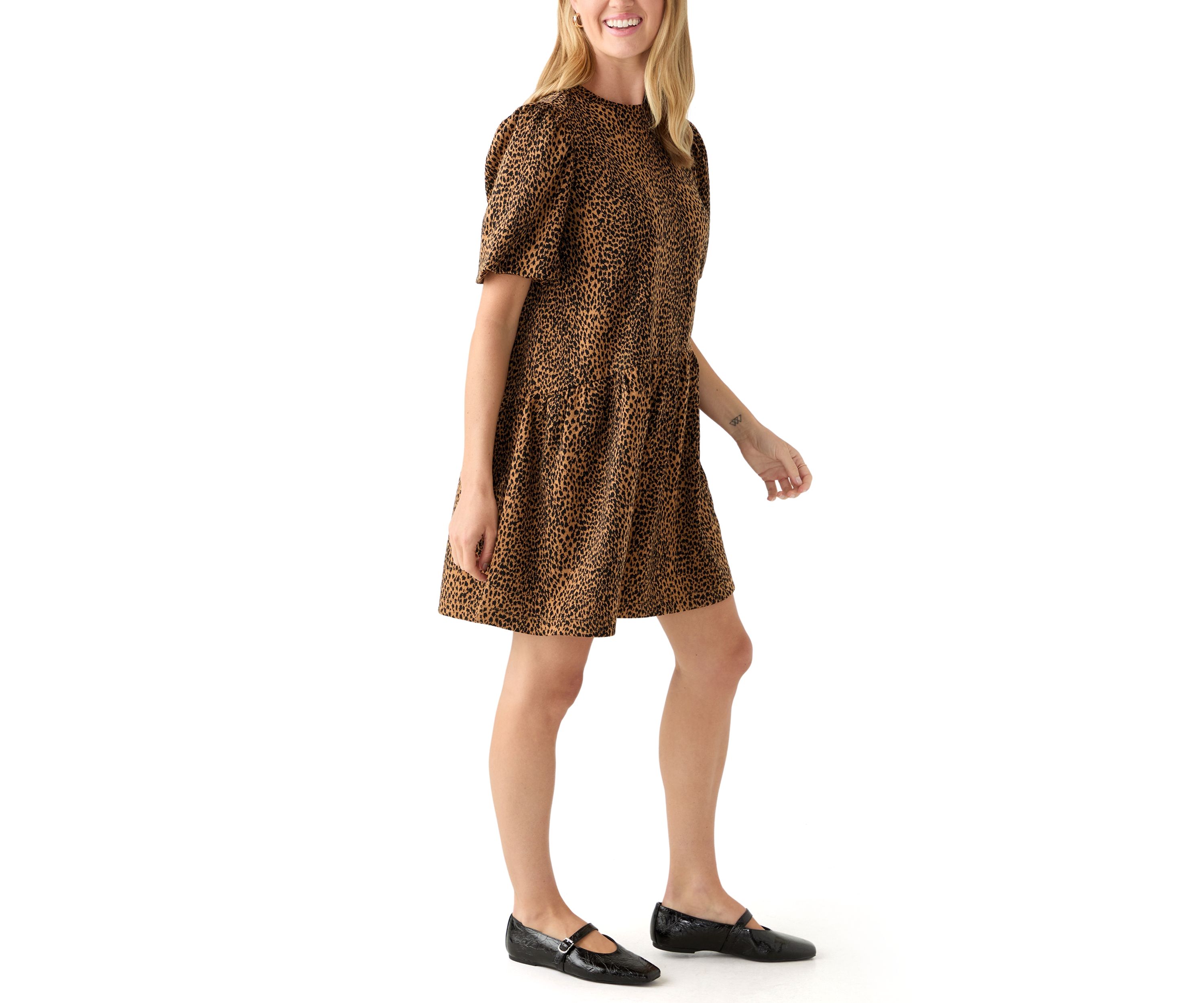 Petite Balloon Sleeve Printed Jacquard Dress