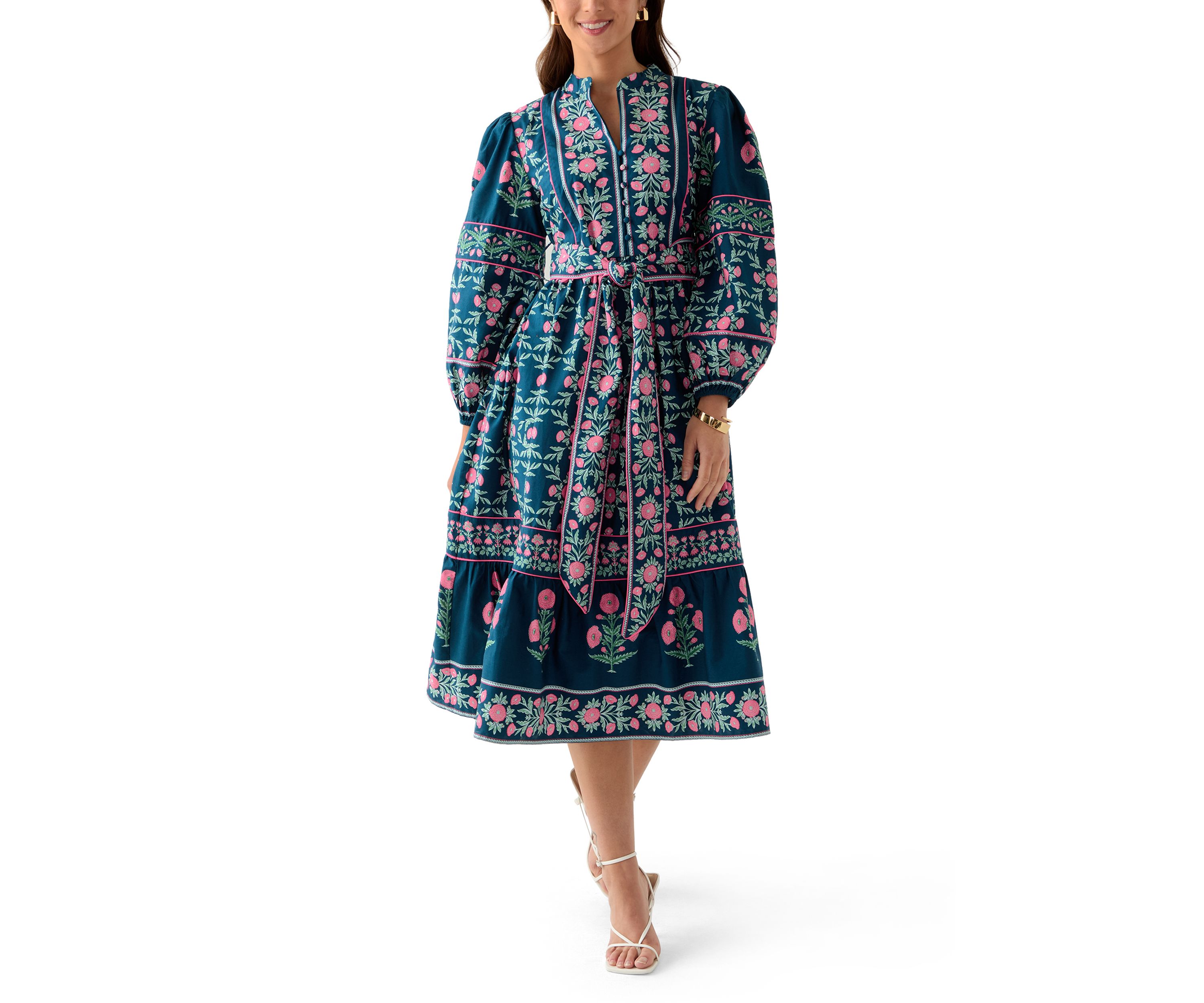 Petite Puff Sleeve Printed Midi Dress