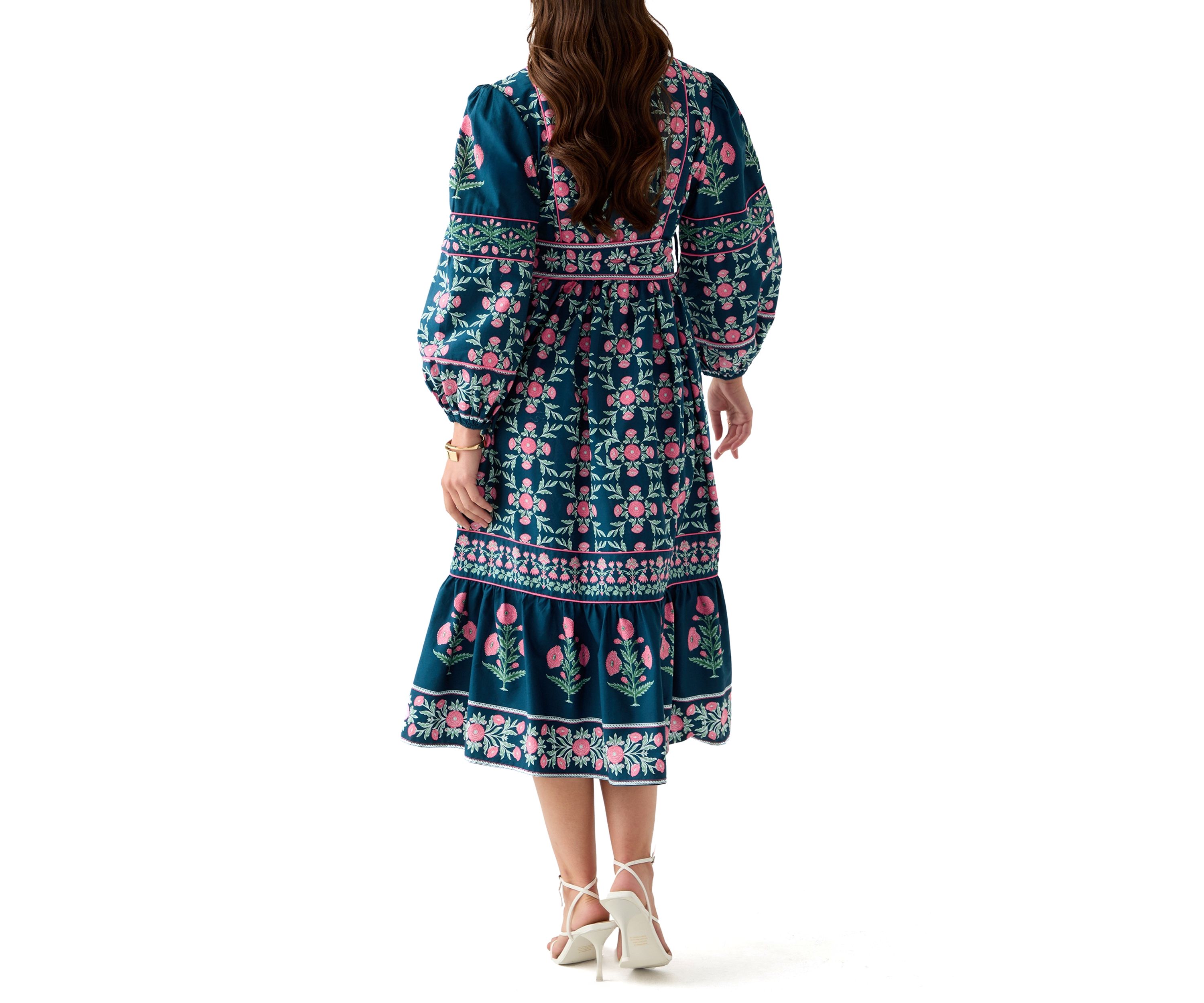 Petite Puff Sleeve Printed Midi Dress