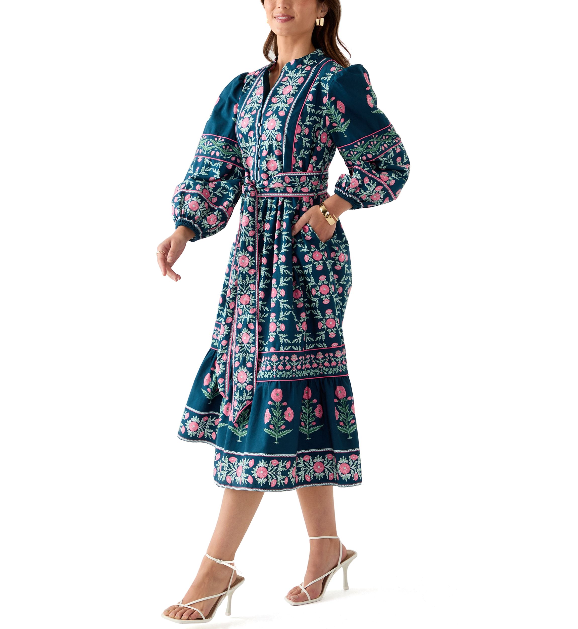 Petite Puff Sleeve Printed Midi Dress