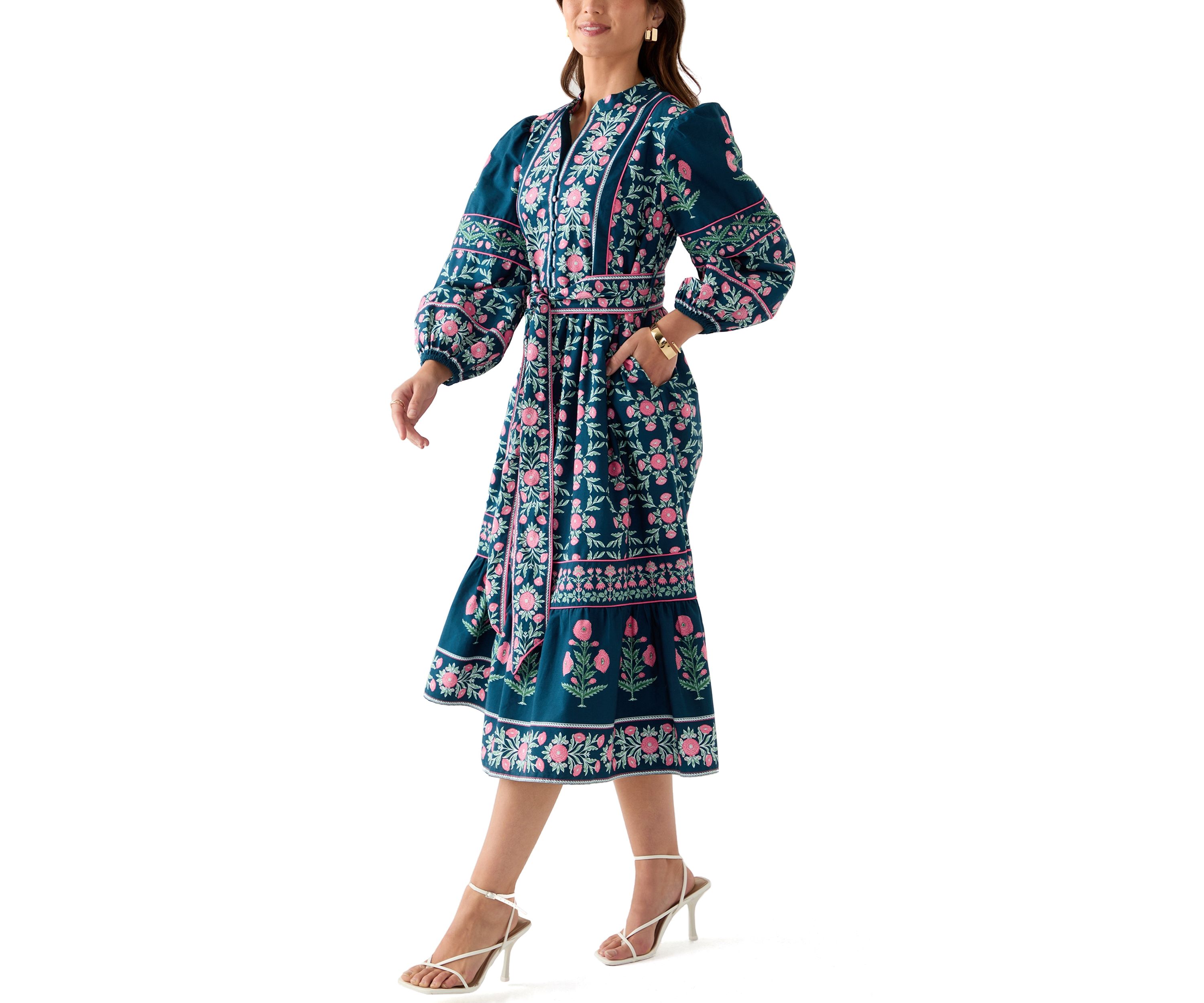 Petite Puff Sleeve Printed Midi Dress