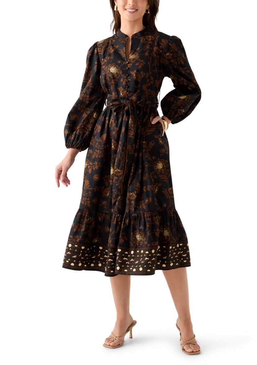 Petite Blouson Sleeve Foil Floral Print Midi Dress 