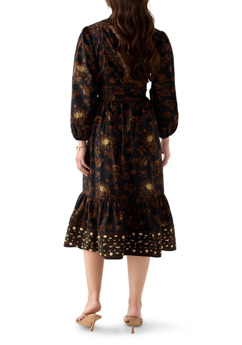 Petite Blouson Sleeve Foil Floral Print Midi Dress 