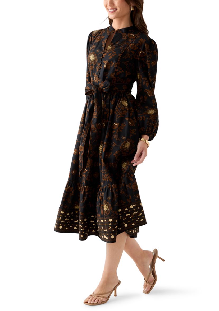 Petite Blouson Sleeve Foil Floral Print Midi Dress 