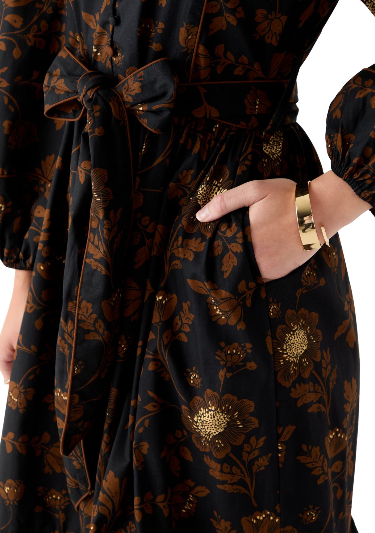 Petite Blouson Sleeve Foil Floral Print Midi Dress 