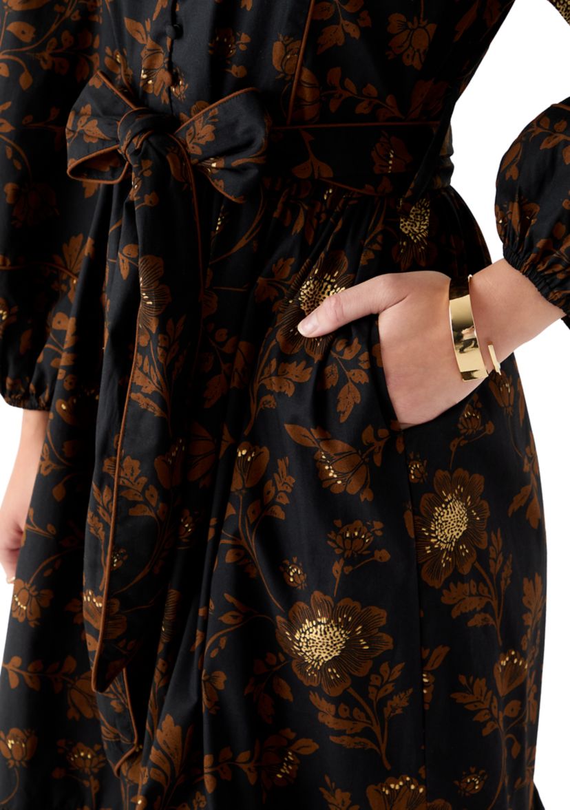 Petite Blouson Sleeve Foil Floral Print Midi Dress 