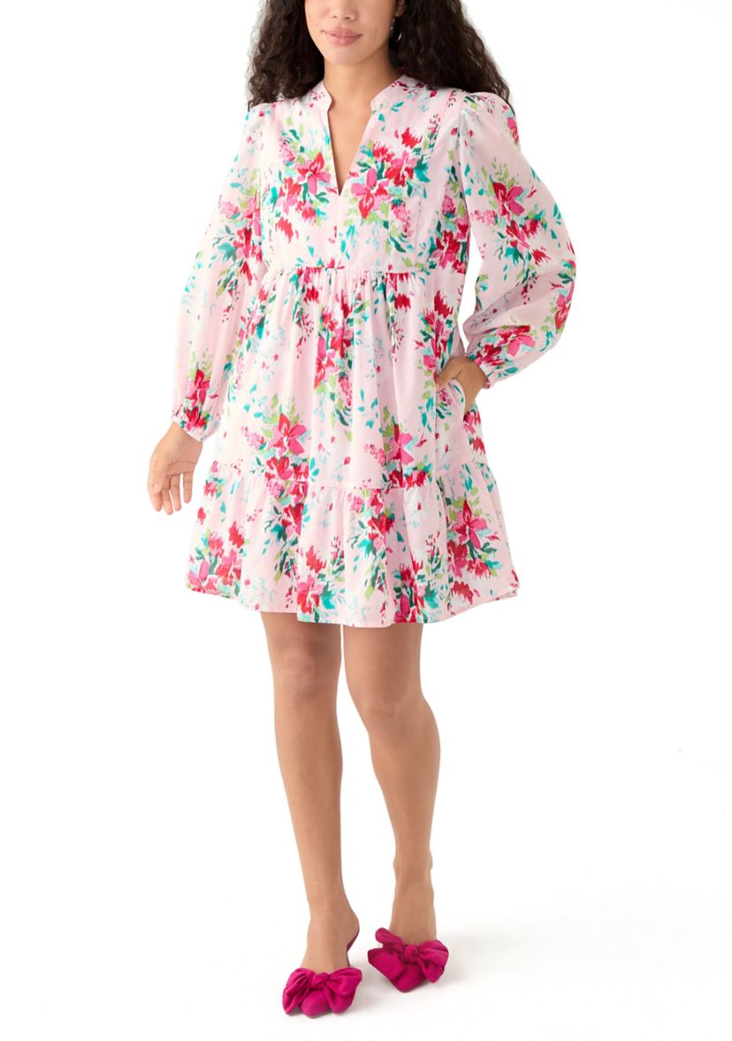 Petite Long Sleeve Tiered Printed Dress