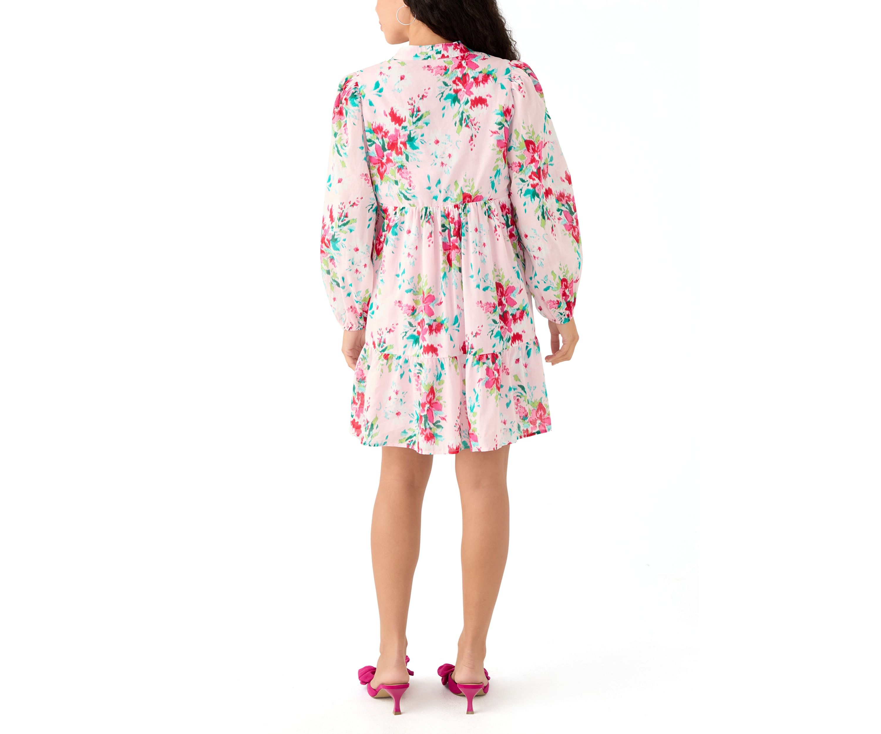 Petite Long Sleeve Tiered Printed Dress