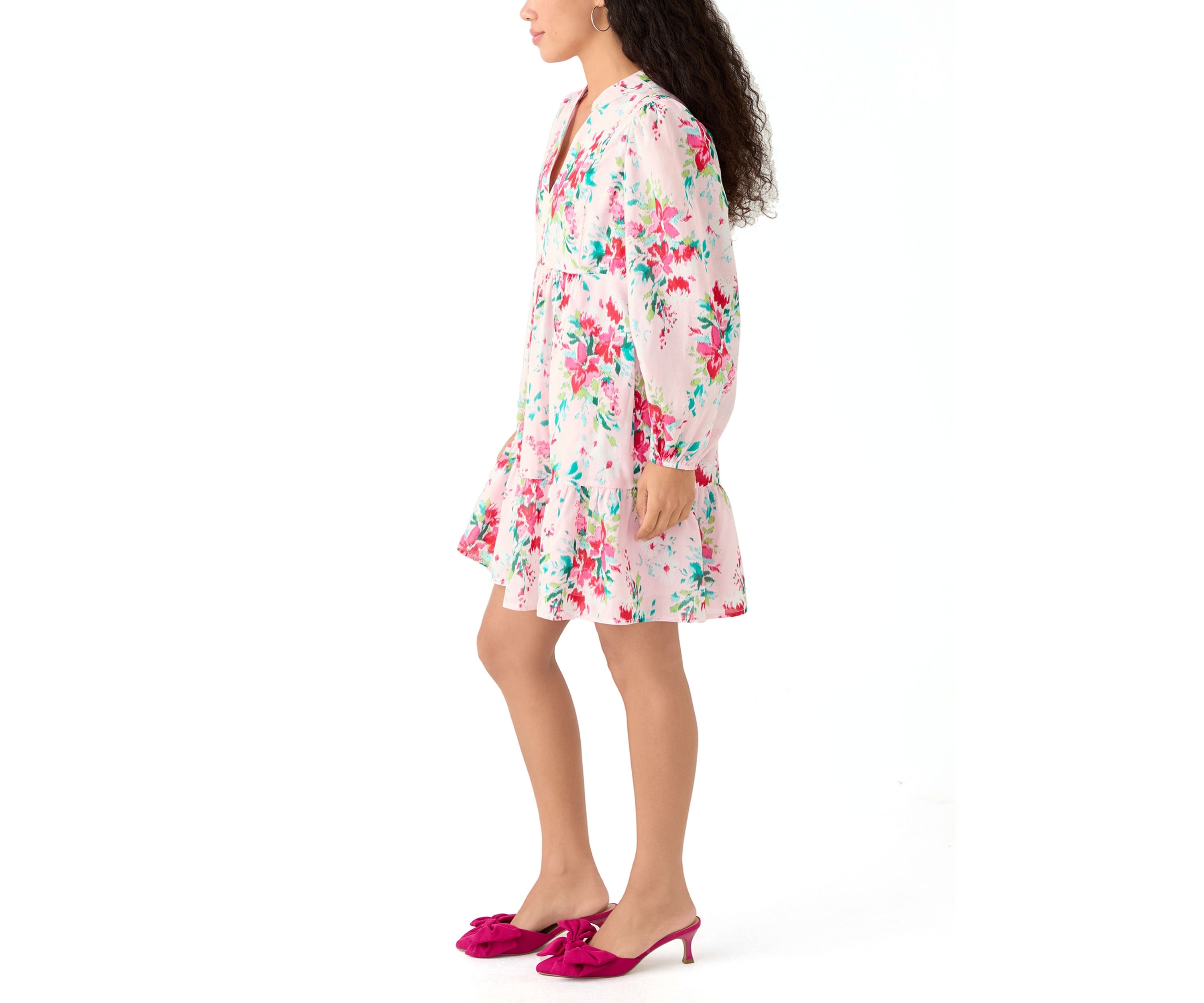 Petite Long Sleeve Tiered Printed Dress