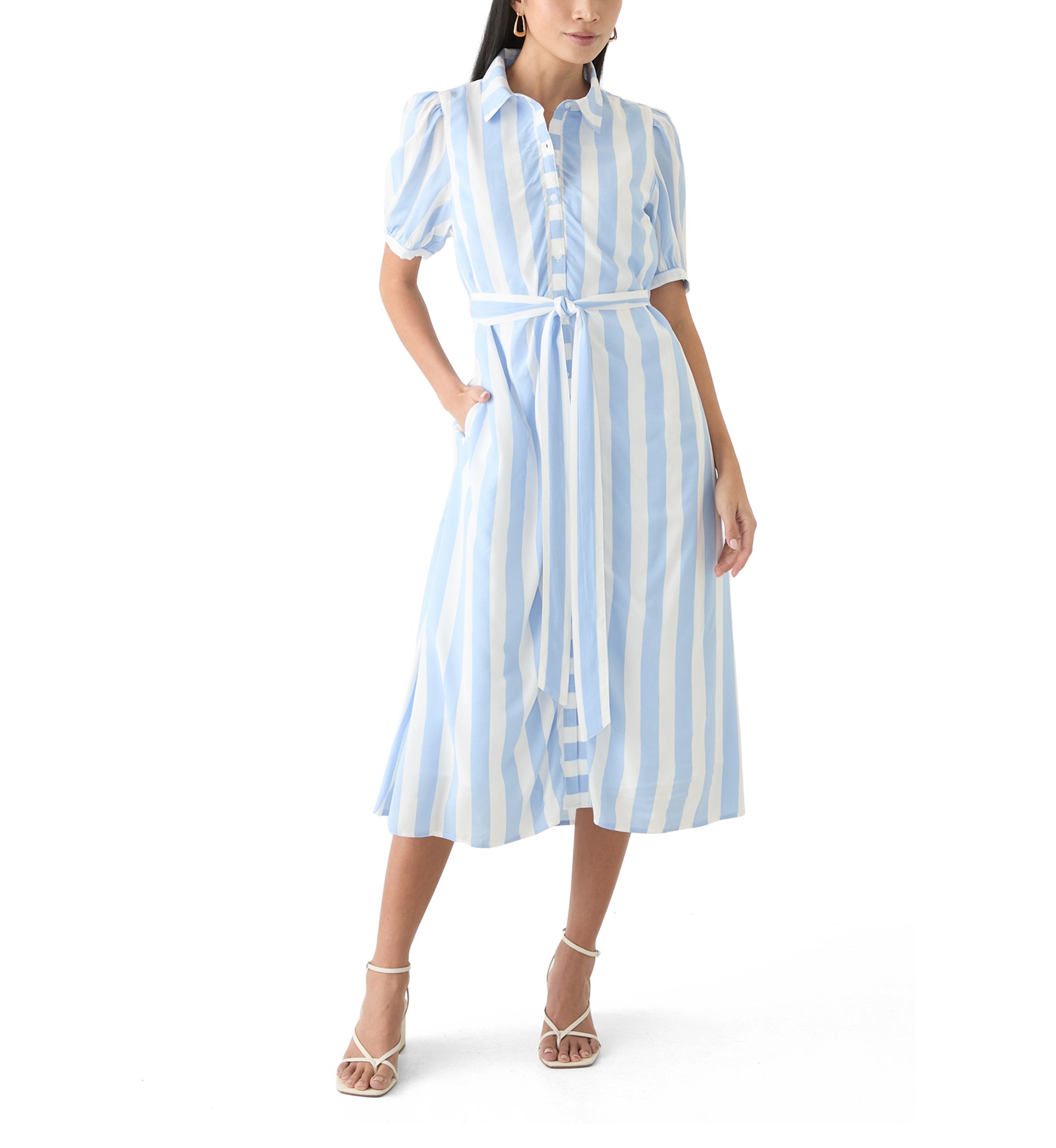 Petite Short Sleeve Belted Yarn Dyed Shirtdress