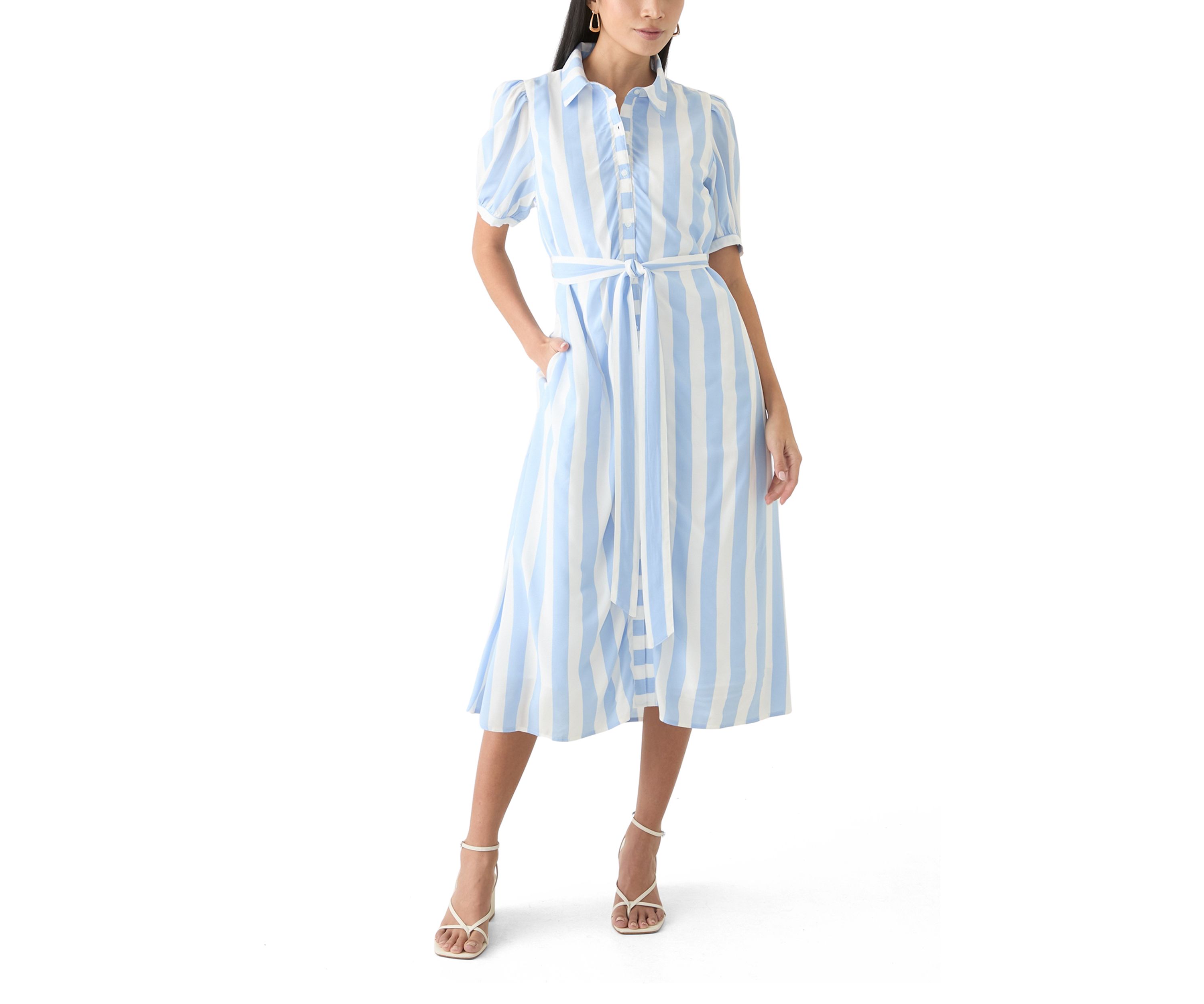 Petite Short Sleeve Belted Yarn Dyed Shirtdress