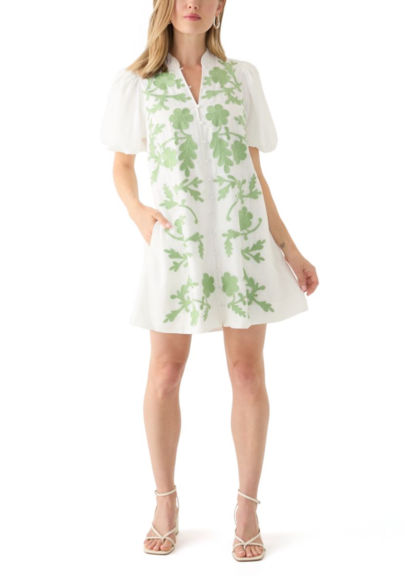 Petite Puff Sleeve Button Front Embroidered Dress