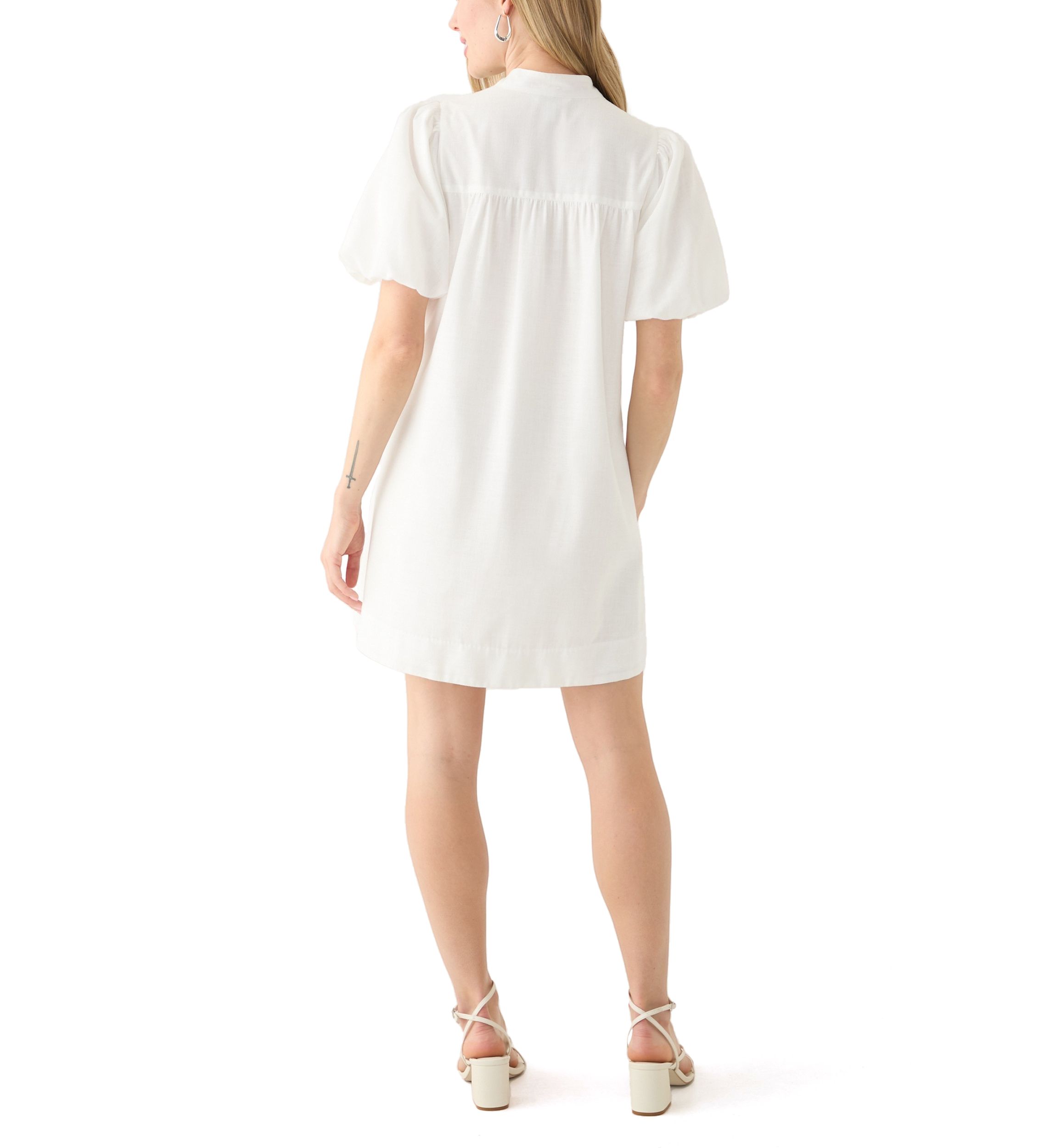 Petite Puff Sleeve Button Front Embroidered Dress
