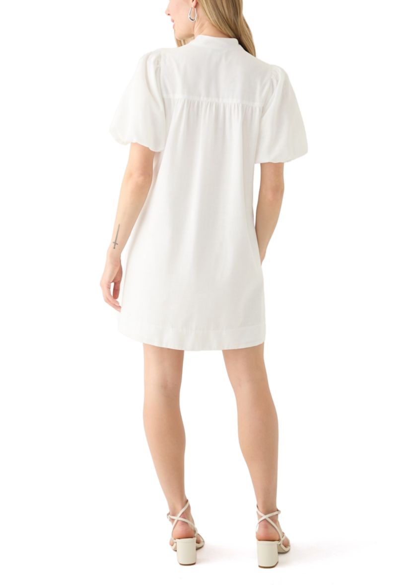 Petite Puff Sleeve Button Front Embroidered Dress