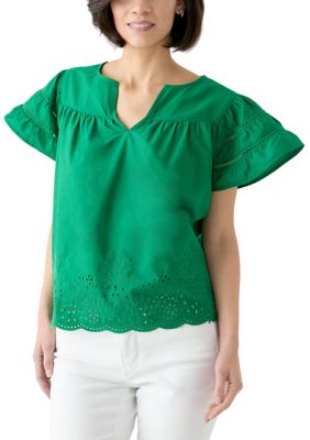 Crown & Ivy Women's Petite Short Sleeve Embroidered Hem Top, Green, PL