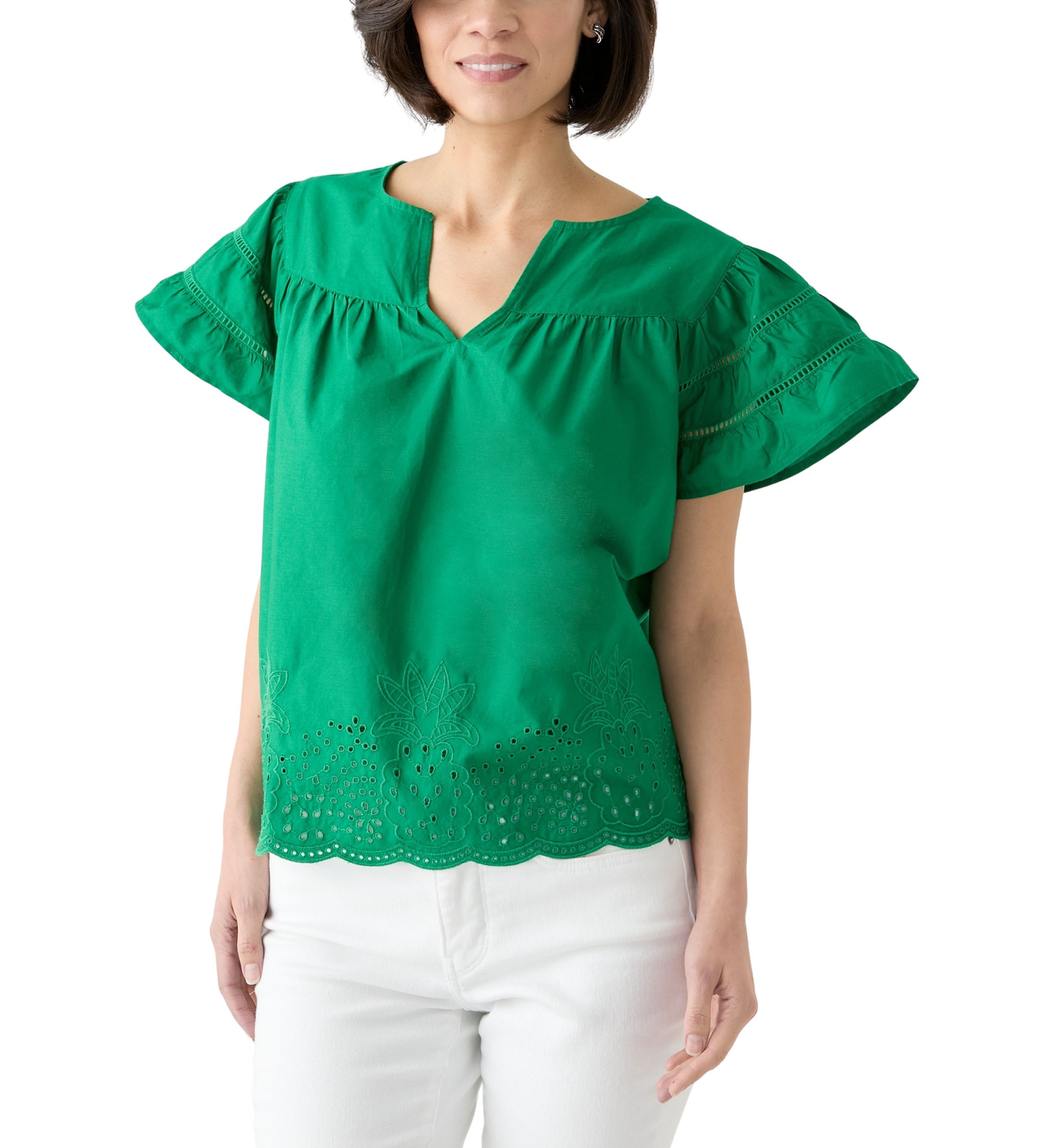 Petite Short Sleeve Embroidered Hem Top