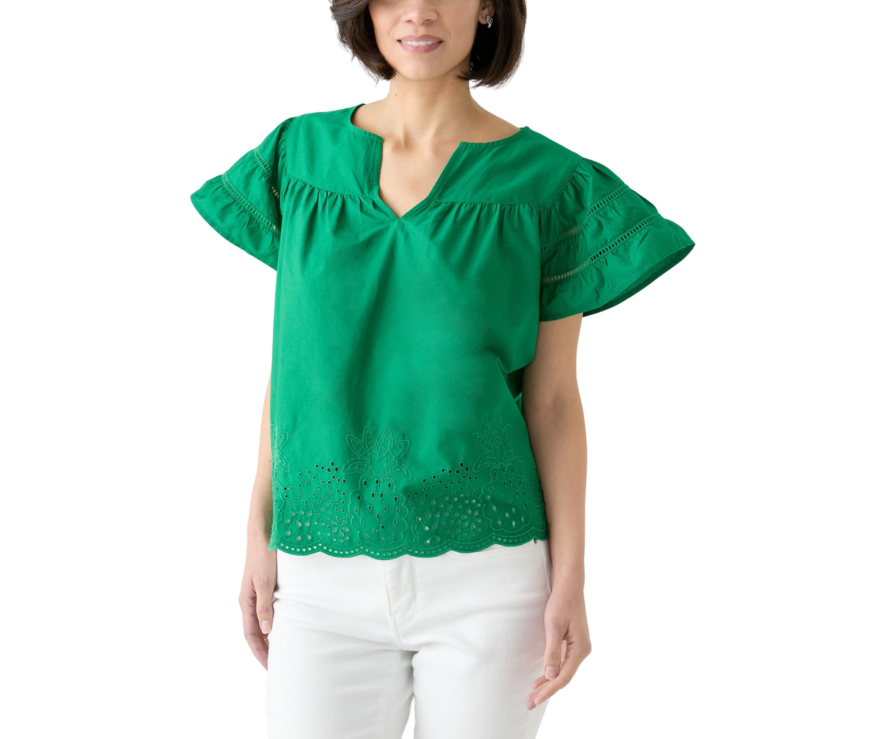 Petite Short Sleeve Embroidered Hem Top
