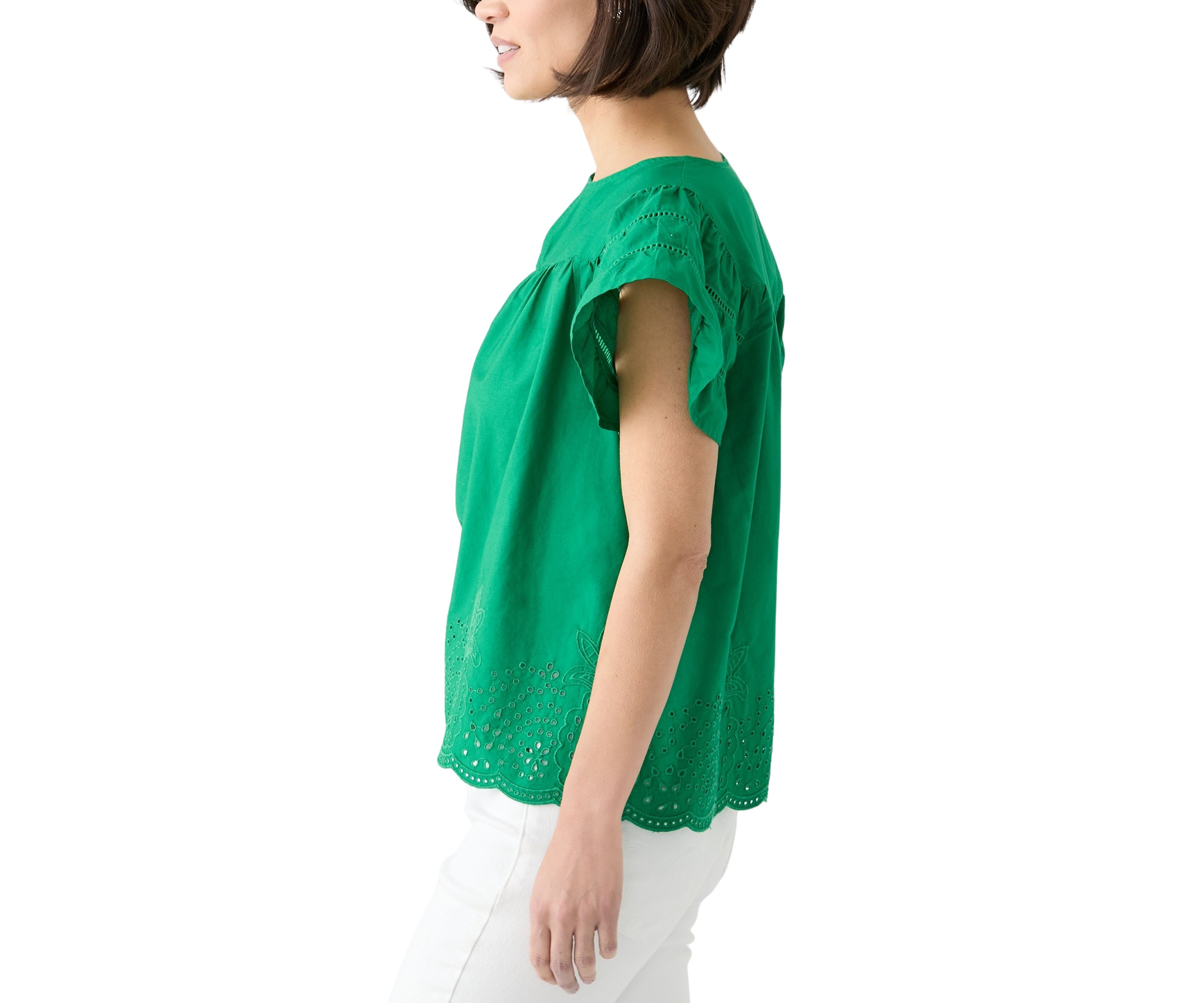 Petite Short Sleeve Embroidered Hem Top