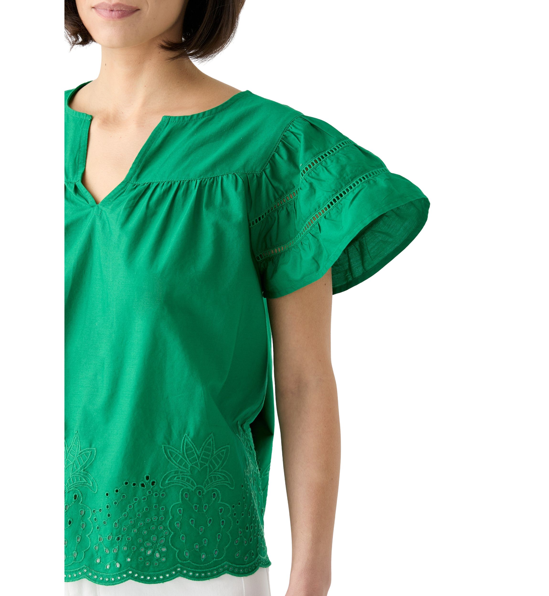 Petite Short Sleeve Embroidered Hem Top