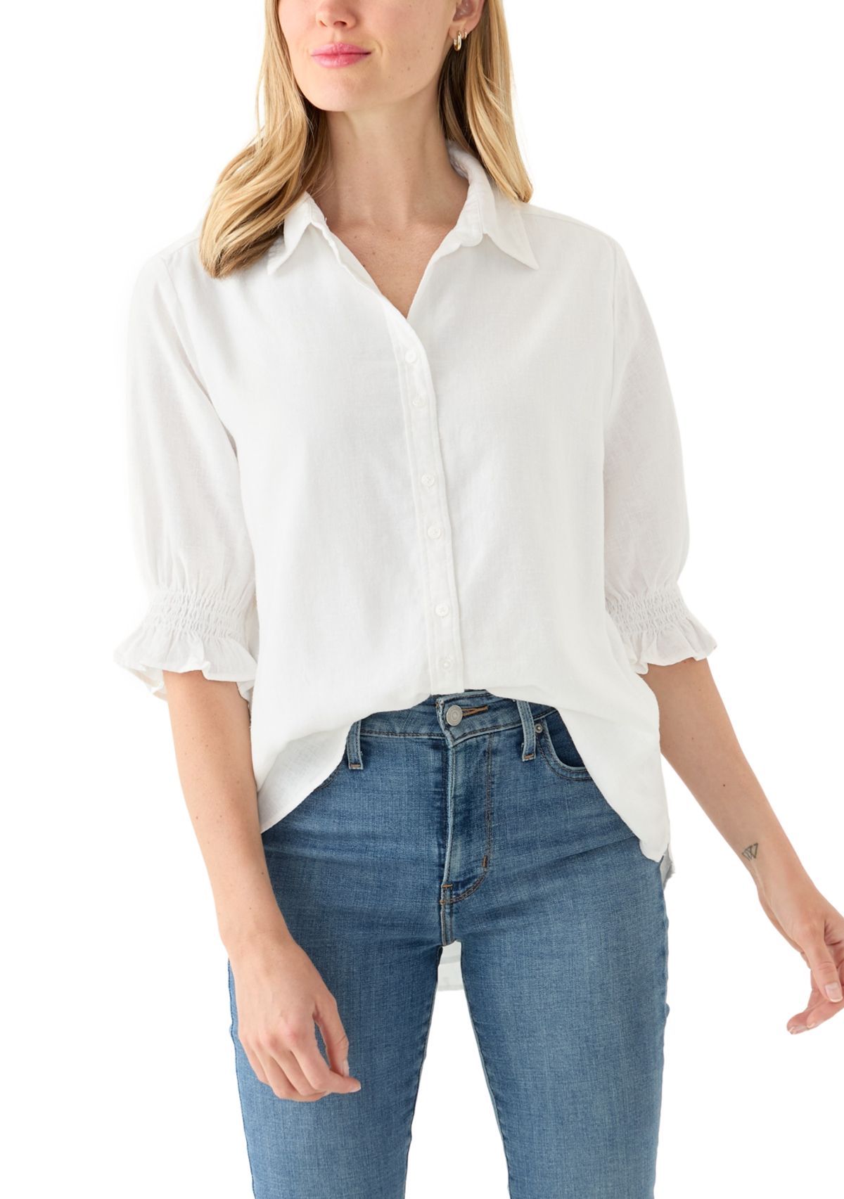 Petite Linen Blend Button Down Shirt 