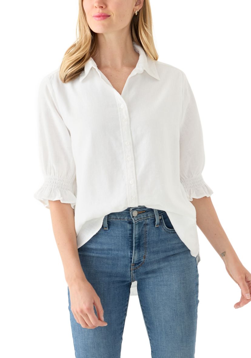 Petite Linen Blend Button Down Shirt 