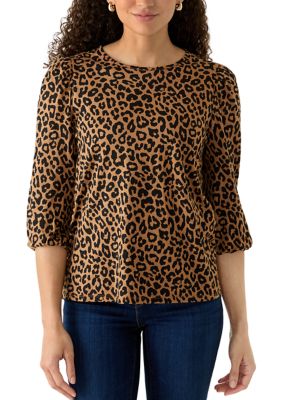 Crown & Ivy Women's Petite 3/4 Puff Sleeve Animal Print Top