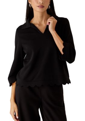 Crown & Ivy Women's Petite 3/4 Sleeve Scalloped Knit Top