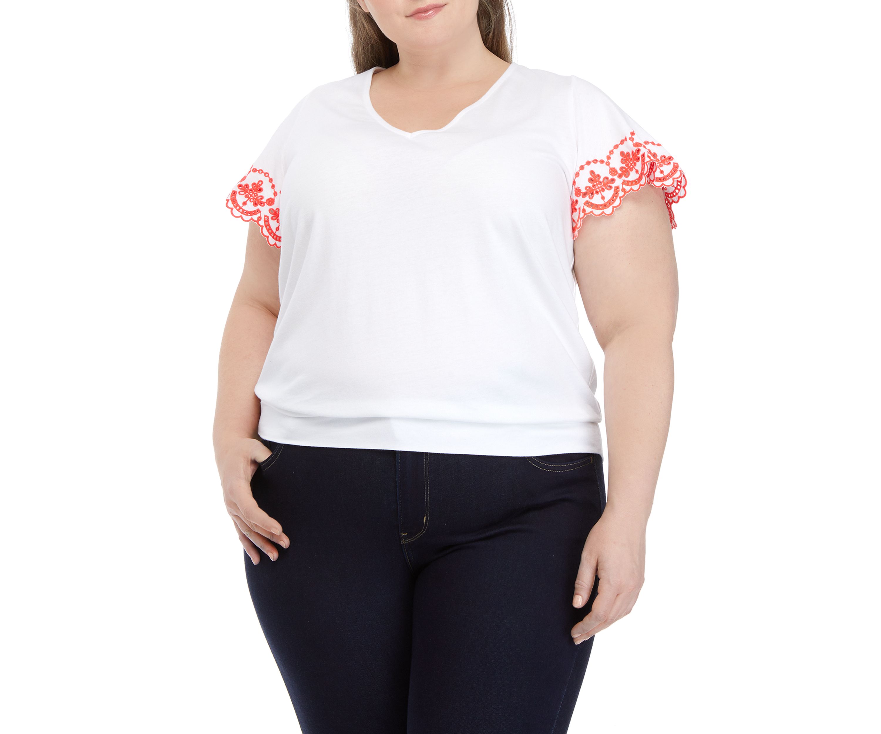 Plus Size Embroidered Scallop Sleeve Top