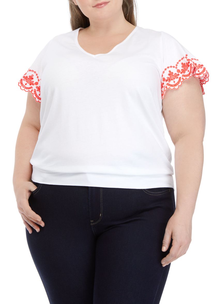 Plus Size Embroidered Scallop Sleeve Top