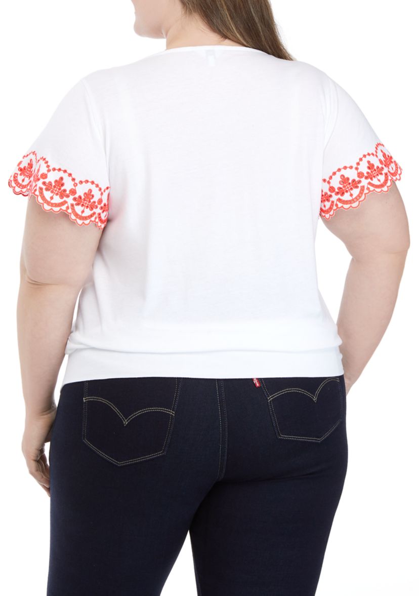 Plus Size Embroidered Scallop Sleeve Top