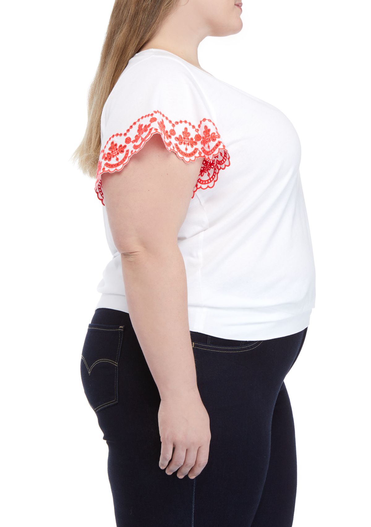 Plus Size Embroidered Scallop Sleeve Top