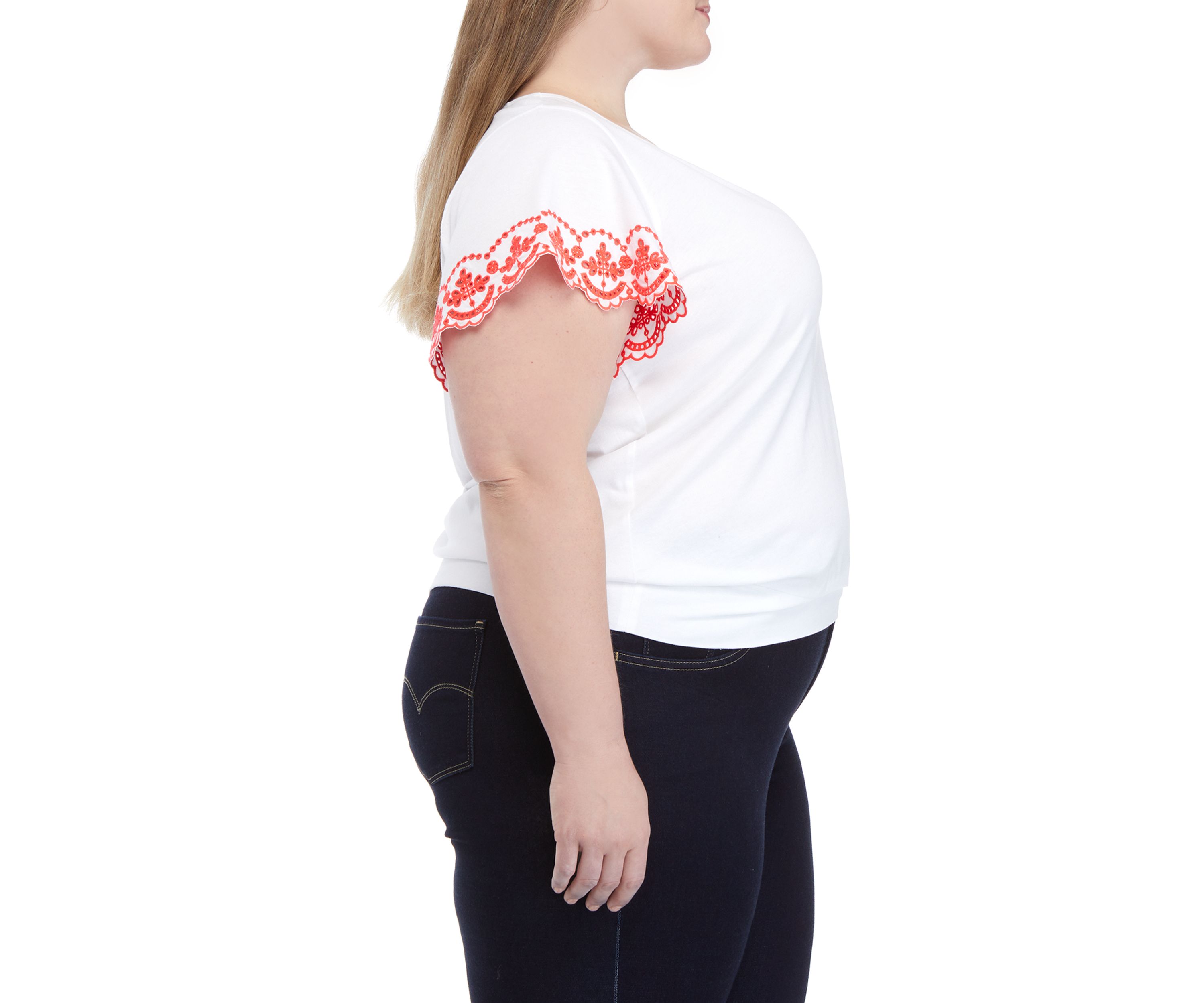Plus Size Embroidered Scallop Sleeve Top