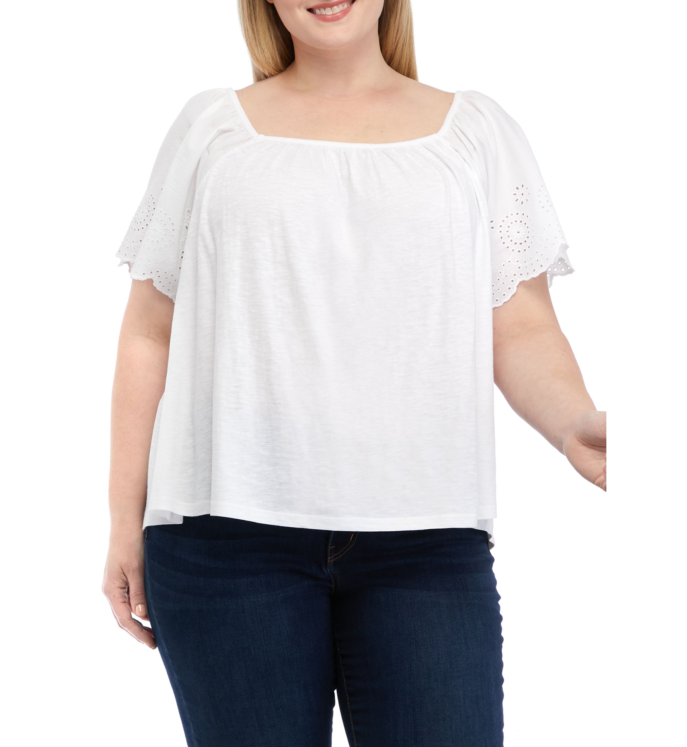 Plus Size Ruffle Knit Woven T-Shirt