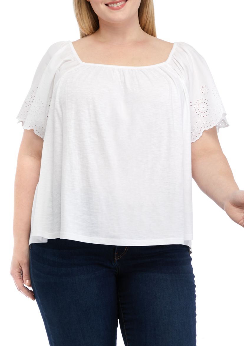 Plus Size Ruffle Knit Woven T-Shirt