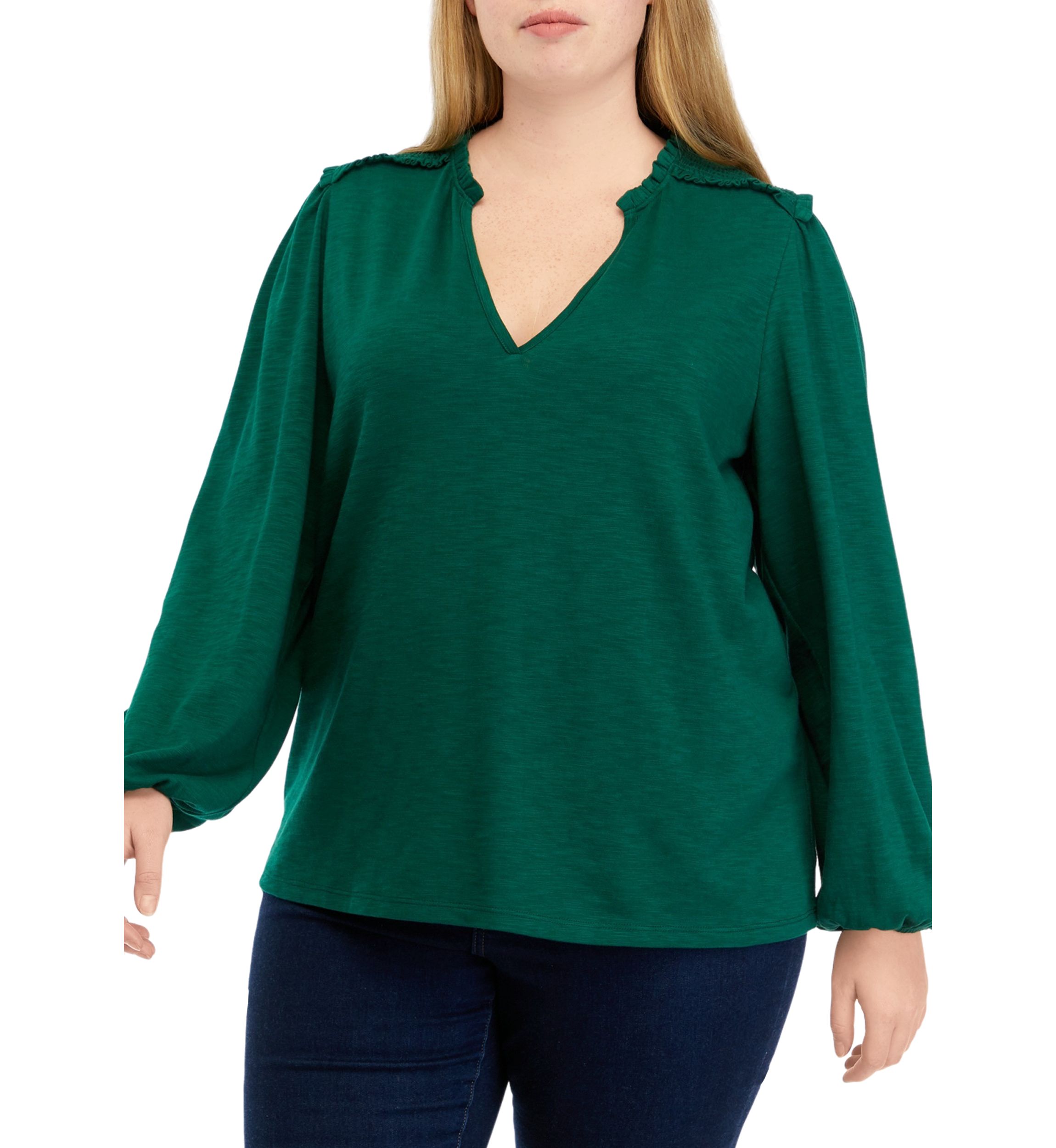 Plus Size Blouson Sleeve Smock V-Neck Top