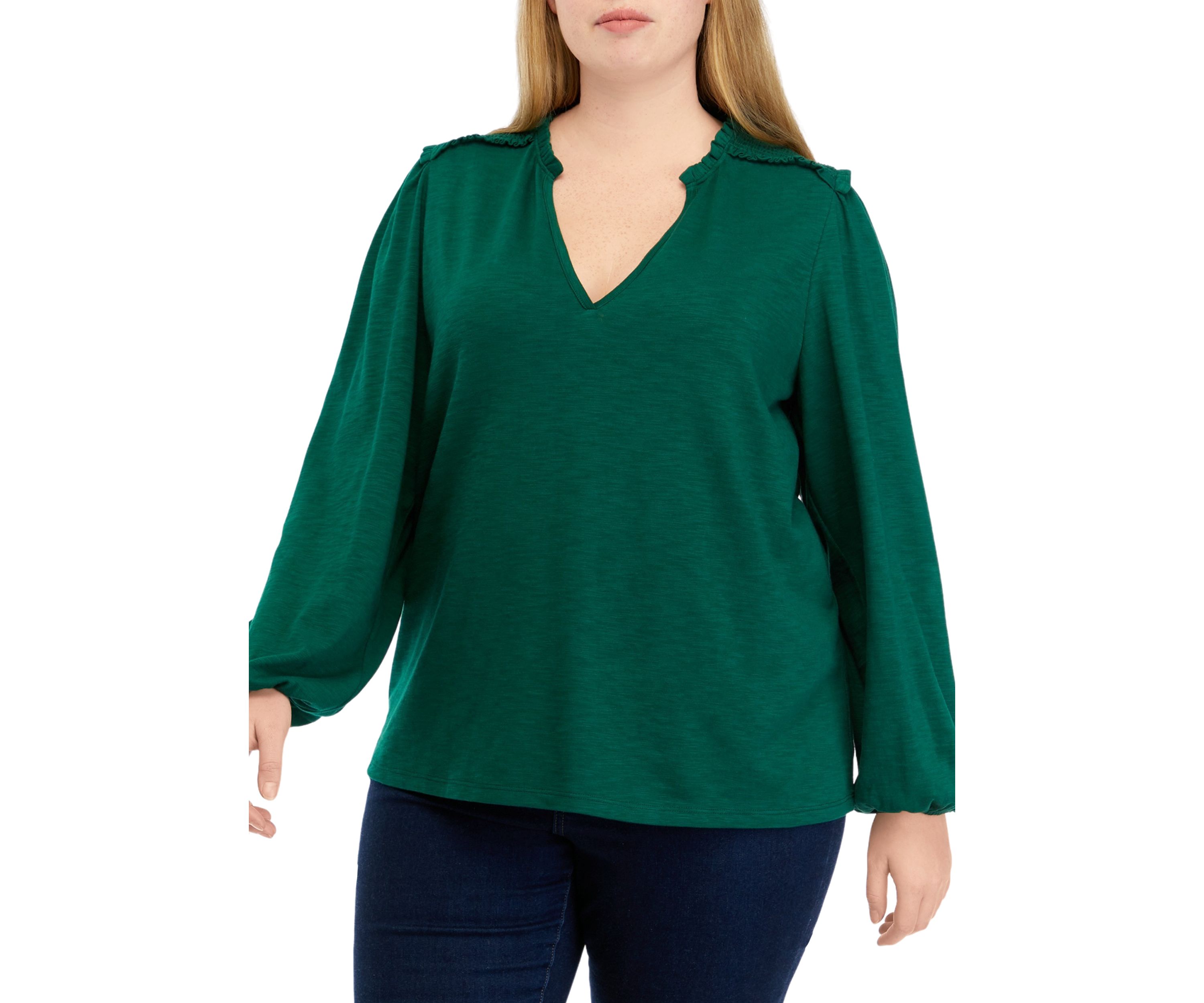Plus Size Blouson Sleeve Smock V-Neck Top