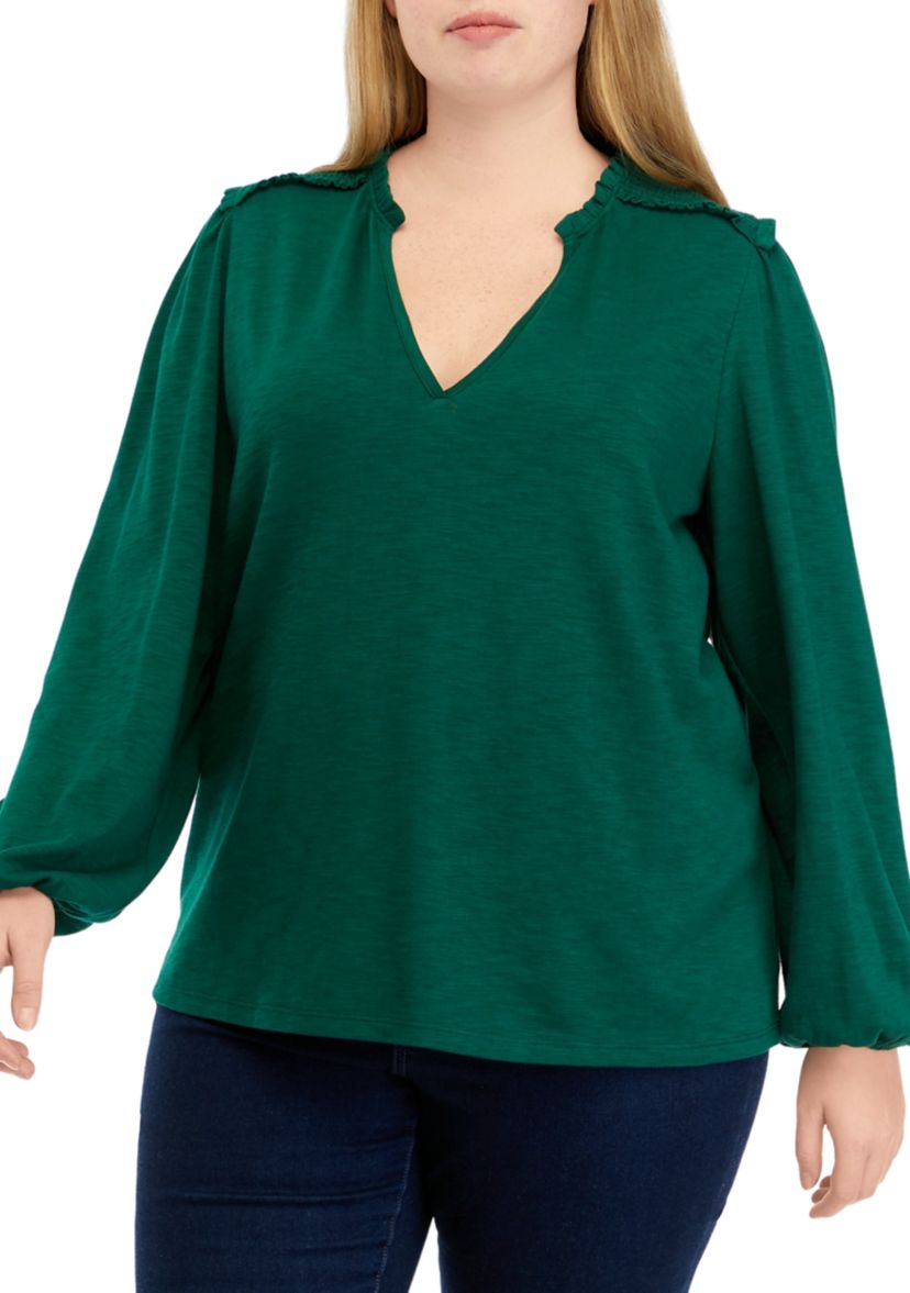 Plus Size Blouson Sleeve Smock V-Neck Top