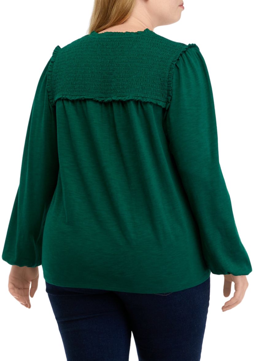 Plus Size Blouson Sleeve Smock V-Neck Top