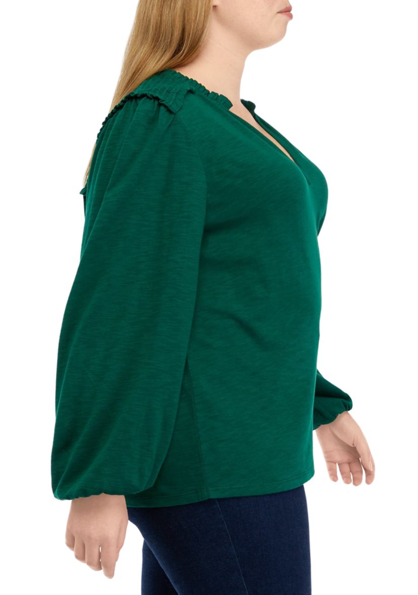 Plus Size Blouson Sleeve Smock V-Neck Top