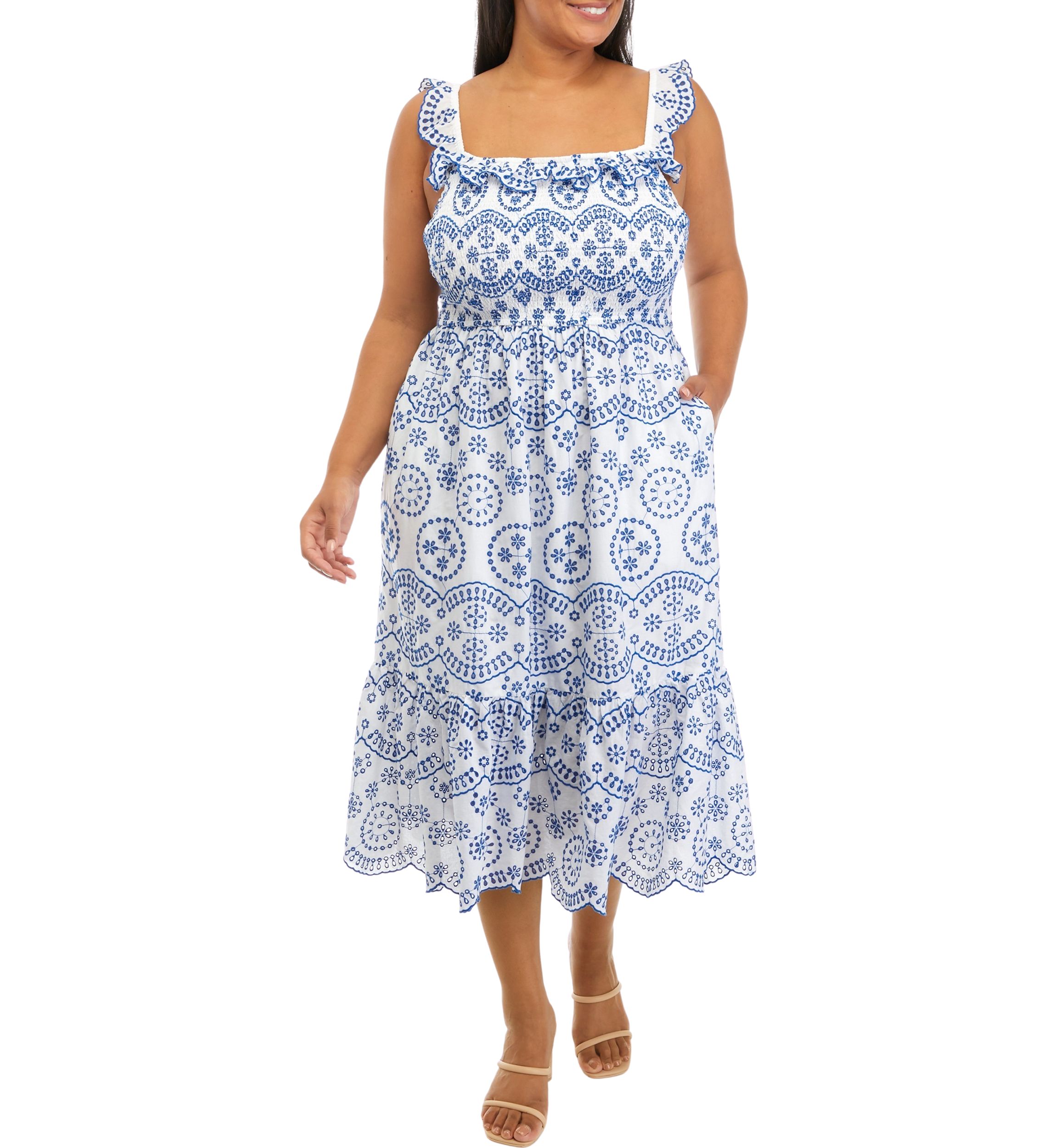Plus Size Ruffle Shoulder Printed Midi Dress